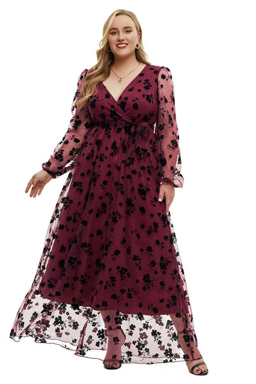 Plus Size Burgundia Długa Sukienka Na Wesele Z Dlugim Rekawem w Kwiaty